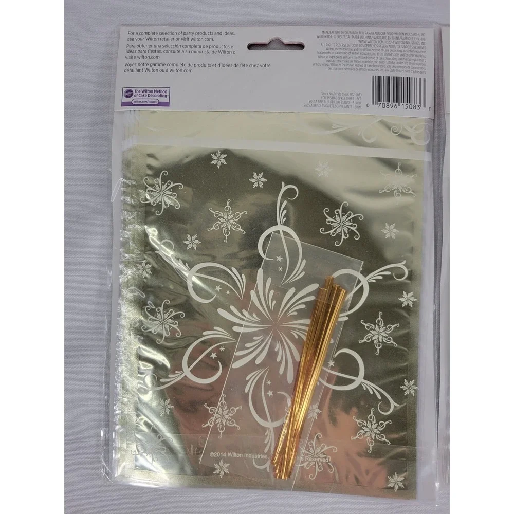 Lot of 2 packs Christmas Gold Foil Treat Bags 8ct Wilton NEW 16 total with ties